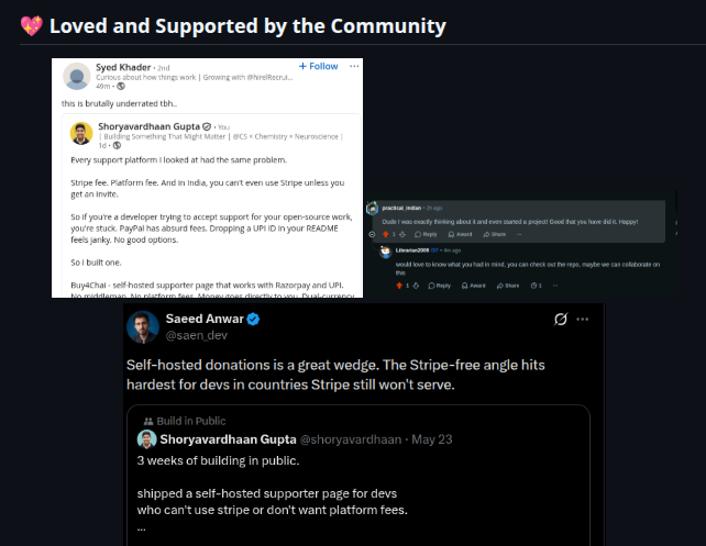 Reddit and X posts from developers reacting positively to Buy4Chai after its launch