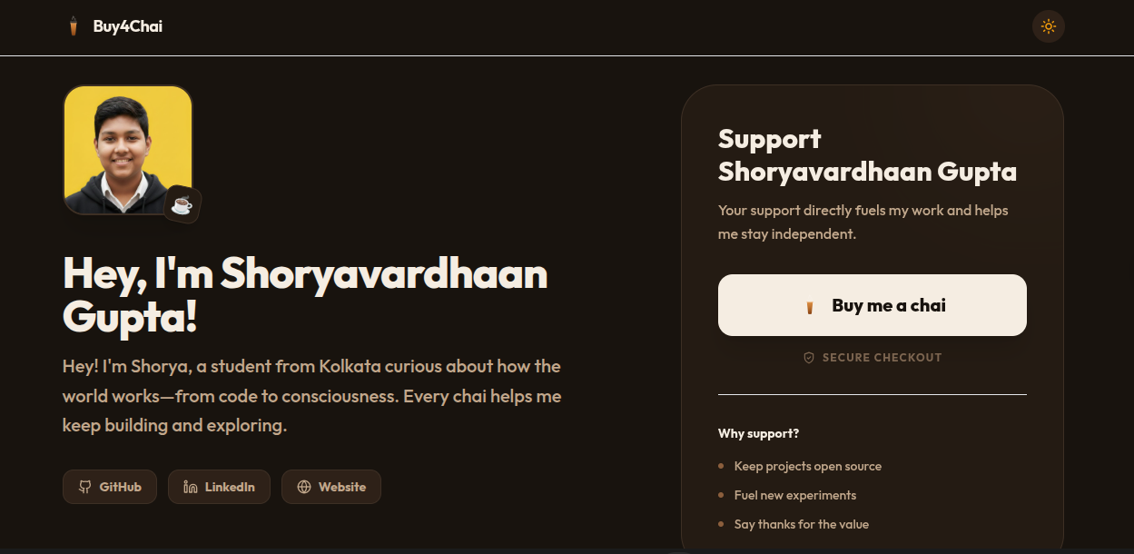 Buy4Chai live supporter page showing the "Buy me a chai" checkout button and profile header