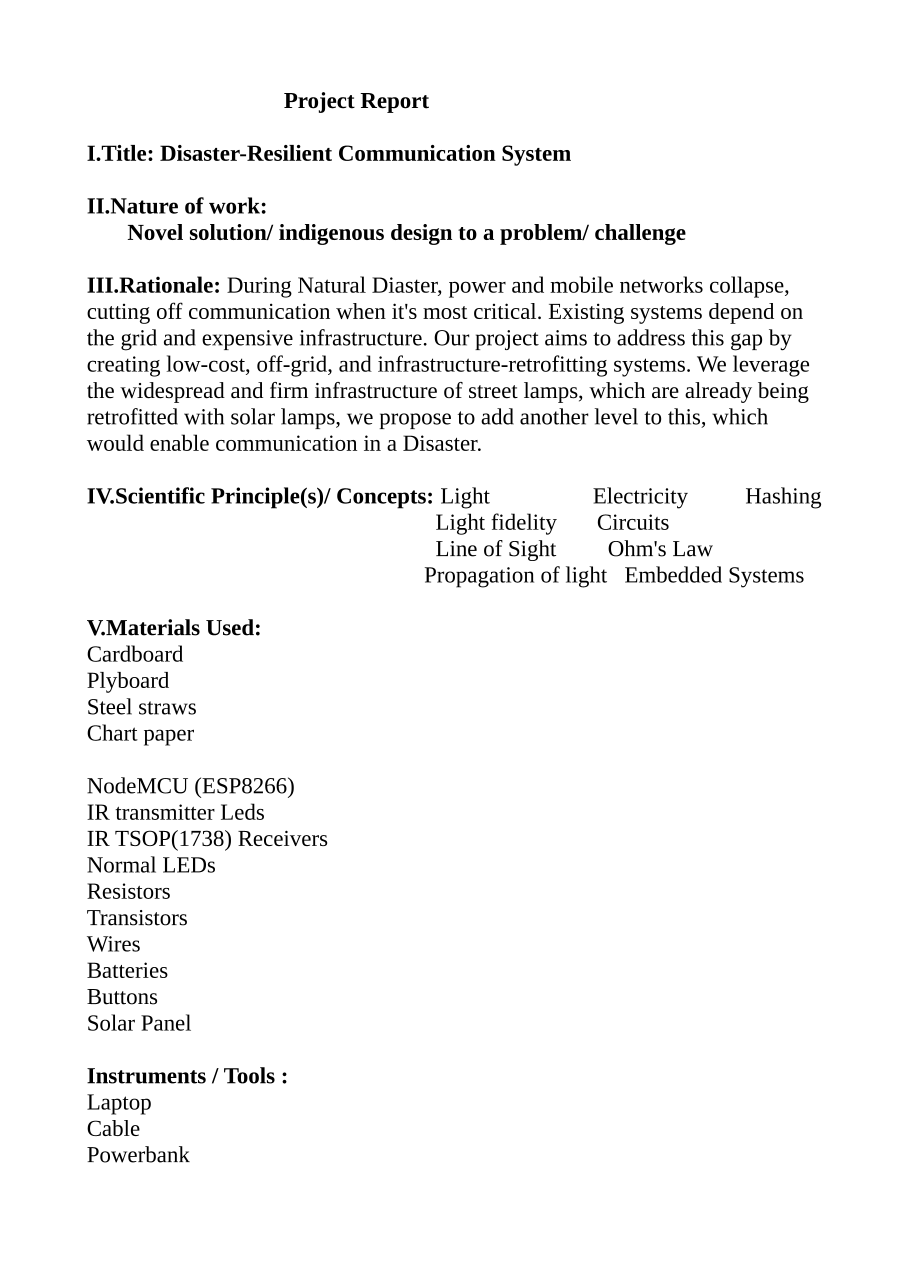 Excerpt from the project report listing the rationale, scientific principles, and hardware materials used