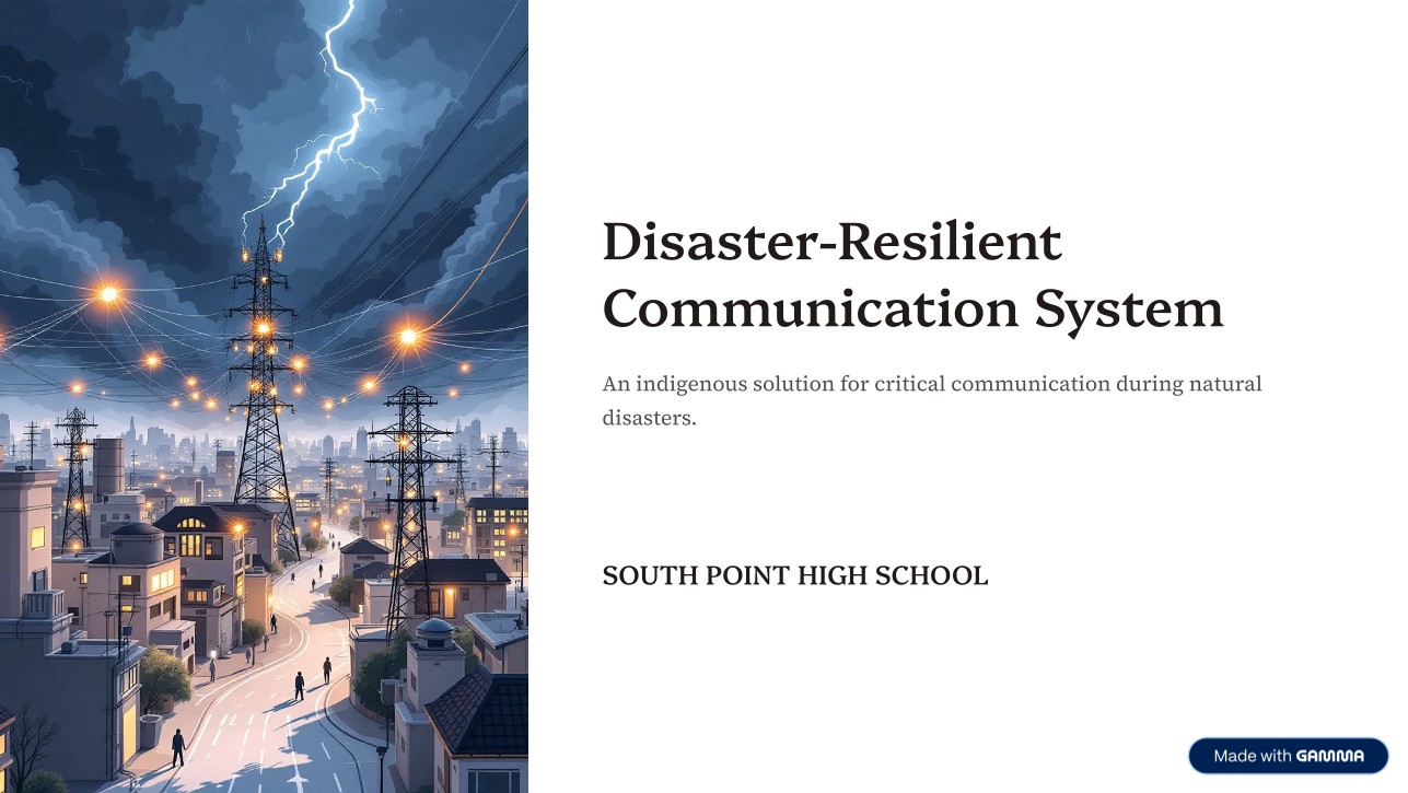 Title slide for the Disaster-Resilient Communication System presentation, South Point High School